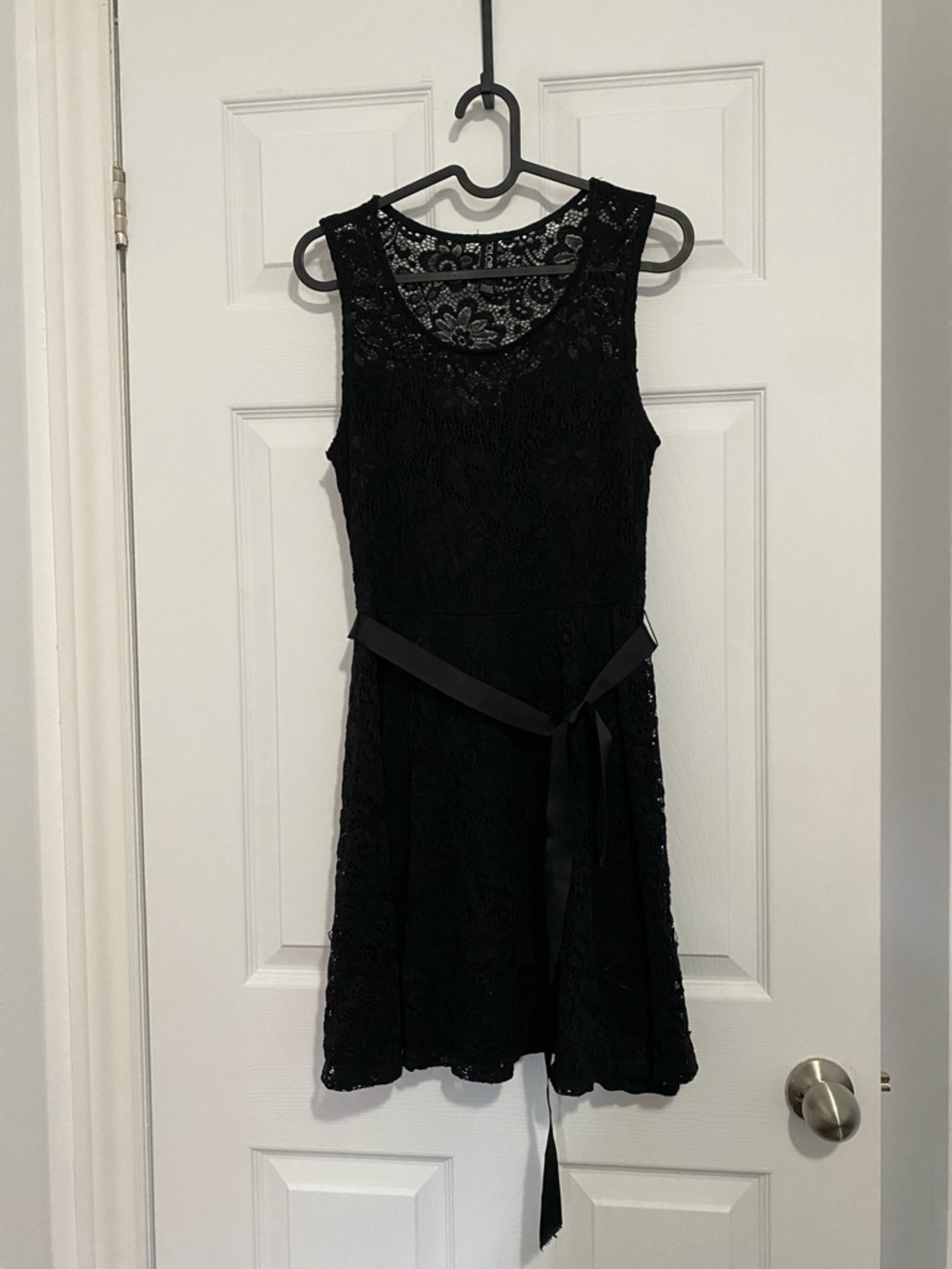 COLORI Black Lace Sleeveless Fit & Flare Dress with Waist Tie